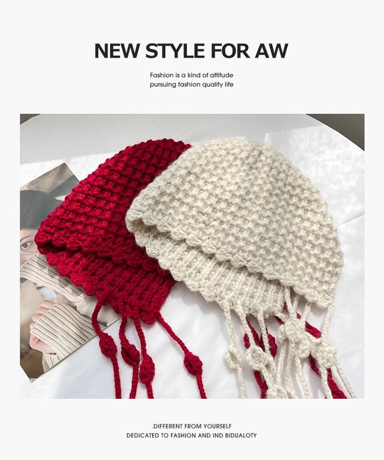 Handmade Knitted Beanie Hat with Tassel Accents – Warm and Stylish Winter Accessory