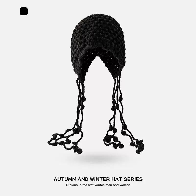 Handmade Knitted Winter Hat with Earflaps and Tassel Ties – Unisex Warm Beanie in Classic Black