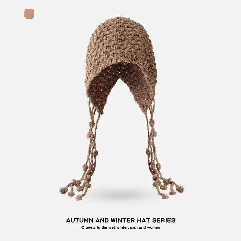 Handmade Knitted Winter Hat with Earflaps and Long Tassels – Warm and Stylish Beanie in Classic Brown (Unisex)