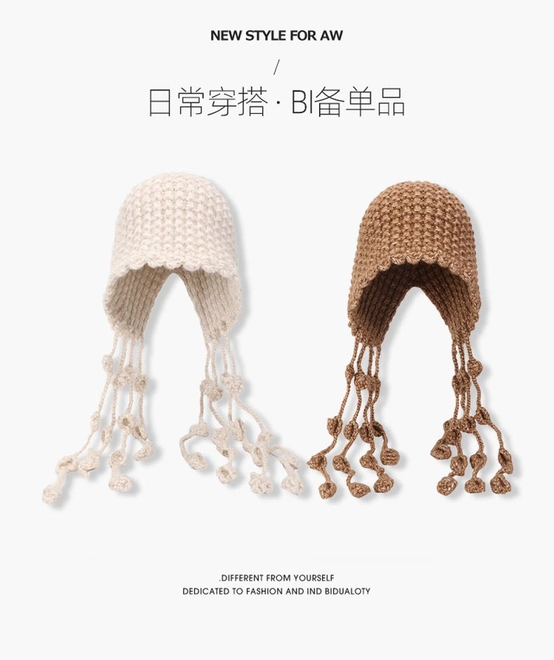 Handmade Knitted Winter Hat with Earflaps and Long Tassels – Warm and Stylish Beanie in Classic Brown (Unisex)