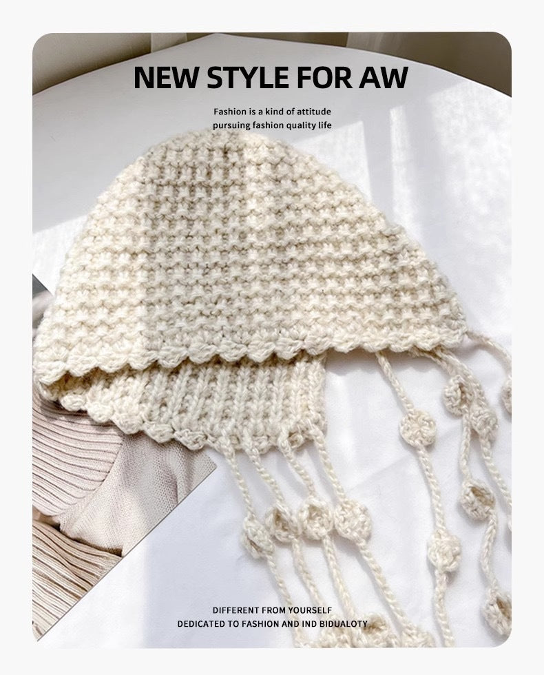 Handmade Knitted Winter Hat with Tassel Ties – Warm and Stylish Beanie for Men & Women
